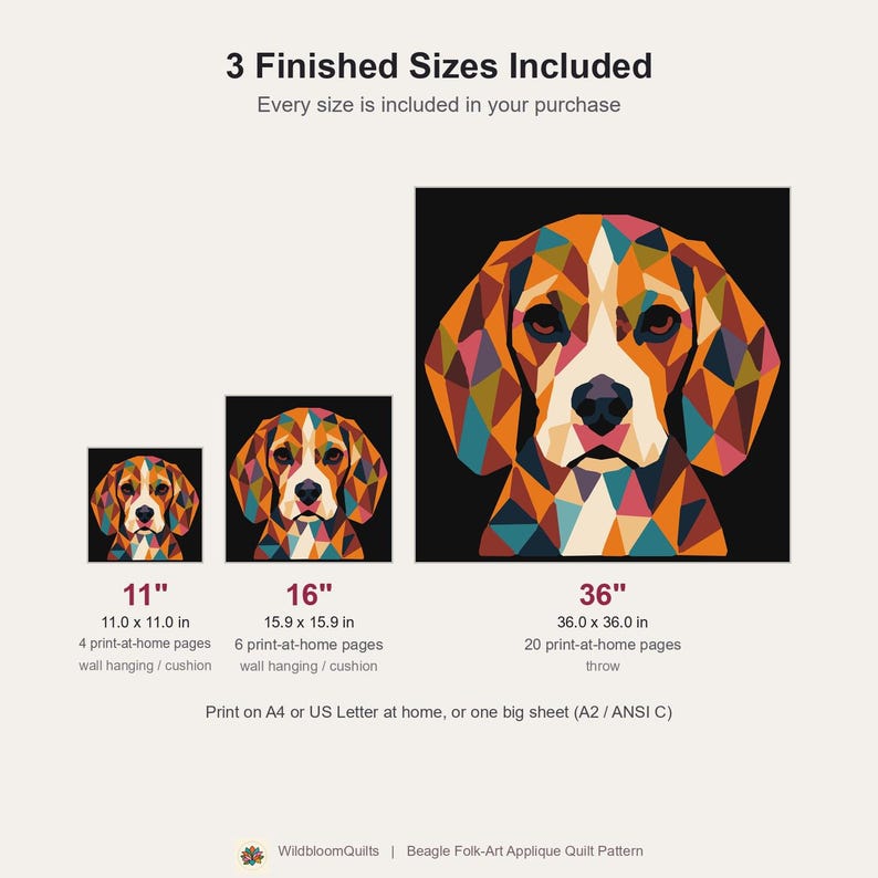Beagle Quilt Pattern, Dog Wall Hanging Quilt Pattern PDF, Applique Quilt Pattern for Beginners, Dog Lover Gift, Raw Edge Fusible Applique image 3