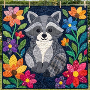 Raccoon Quilt Pattern, Raw Edge Fusible Applique, Animal Quilt Pattern PDF, Patchwork Wall Hanging, Folk Art Quilt Template image 5