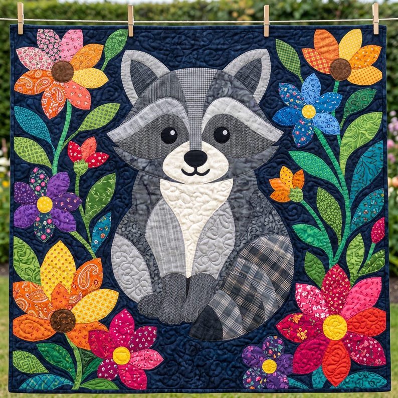 Raccoon Quilt Pattern, Raw Edge Fusible Applique, Animal Quilt Pattern PDF, Patchwork Wall Hanging, Folk Art Quilt Template image 5