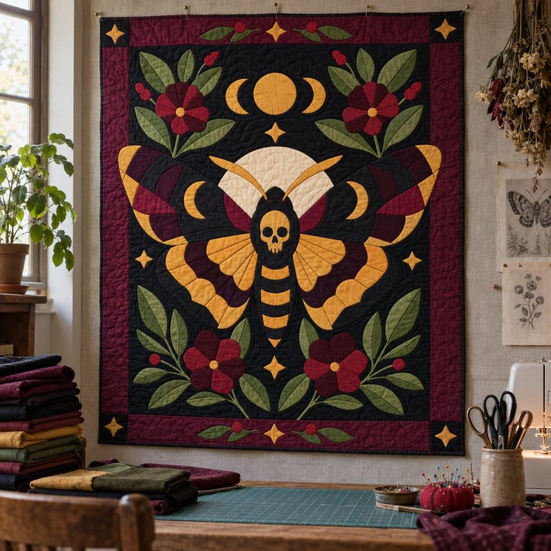 Death's Head Moth Quilt Pattern, Applique & Collage Quilt, Gothic Moth PDF Pattern, Patchwork Wall Hanging, Folk Art Quilt Template image 11