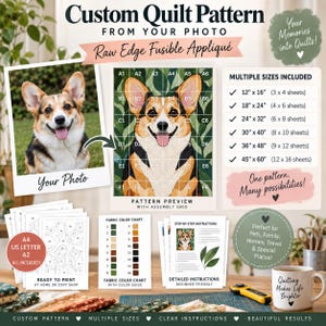 Puede incluir: Un kit de patrón de edredón personalizado con la foto de un corgi, una vista previa del patrón en cuadrícula, una tabla de colores de tela e instrucciones paso a paso. El kit incluye varios tamaños de 30 x 40 cm a 114 x 152 cm para apliques.