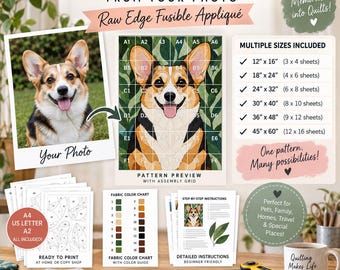 Patrón de colcha personalizado a partir de tu foto, patrón de colcha con apliques personalizados en PDF, patrón de colcha con retrato de mascota, plantilla de apliques con borde sin rematar personalizada