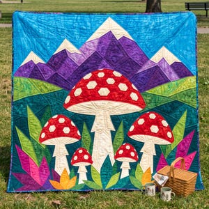 Mushroom Mountain Quilt Pattern, Raw Edge Fusible Applique, Toadstool Quilt Pattern PDF, Patchwork Wall Hanging, Folk Art Quilt Template image 20