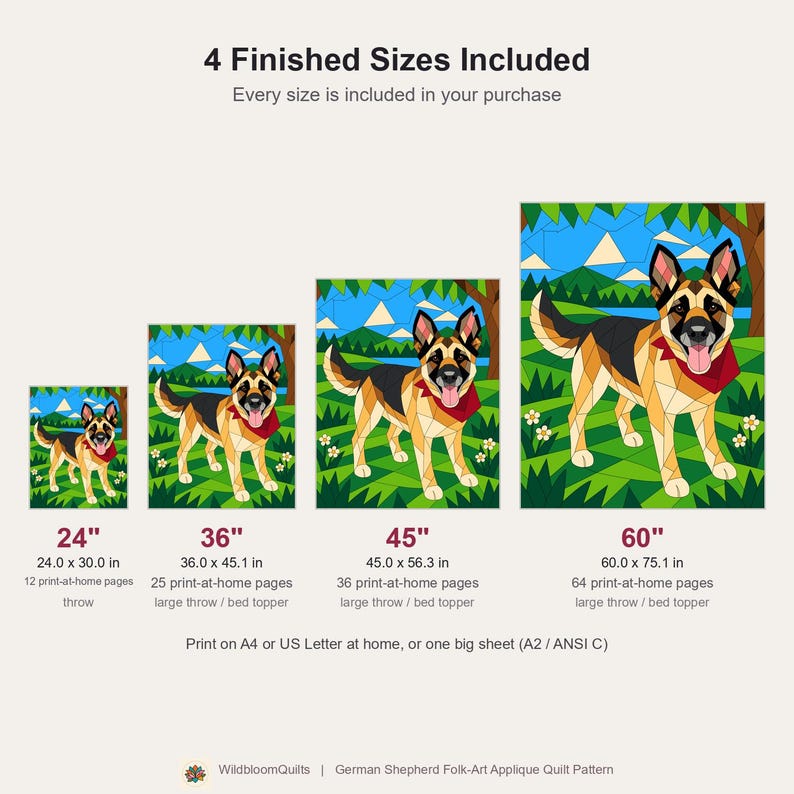 Quiltmuster für einen Deutschen Schäferhund, Applikations- und Collage-Hundequilt, Tierquiltmuster (PDF), Patchwork-Wandbehang, Quiltvorlage im Volkskunststil Bild 4