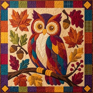 Herfstuil quiltpatroon, rafelige rand applicatie met strijkapplicatie, dieren quiltpatroon PDF, patchwork wandkleed, volkskunst herfst quilt sjabloon afbeelding 6