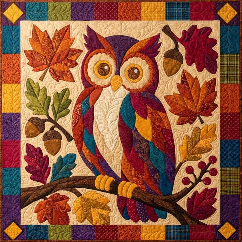 Herfstuil quiltpatroon, rafelige rand applicatie met strijkapplicatie, dieren quiltpatroon PDF, patchwork wandkleed, volkskunst herfst quilt sjabloon afbeelding 6