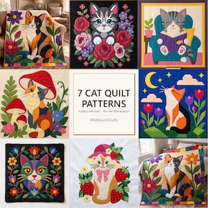 Paket med 7 mönster för kattquilt, applikationsmönster för kattquilt i PDF-format, mallar för väggbonader med folkkonst för kattungar, applikation med smältbara kanter