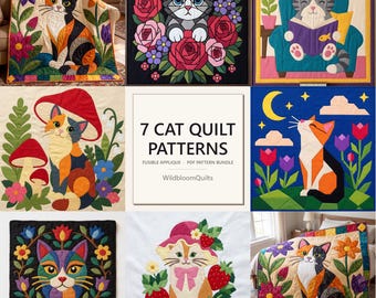7 Cat Quilt Pattern Bundle, Applique Cat Quilt Patterns PDF, Folk Art Kitten Wall Hanging Templates, Raw Edge Fusible Applique