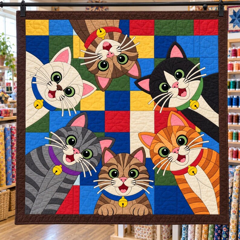 Six Cats Quilt Pattern, Applique & Collage Quilt, Cat Quilt Pattern PDF, Patchwork Wall Hanging, Folk Art Quilt Template image 4
