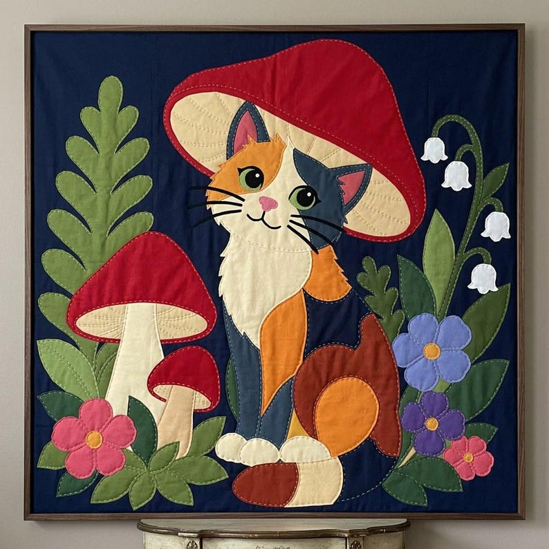猫とキノコのキルトパターン、切りっぱなしの接着芯アップリケPDF、キャリコ猫キルトパターン、パッチワーク壁掛け、フォークアートキルトテンプレート 画像 6