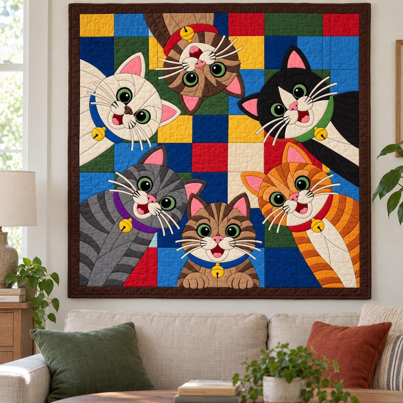 Six Cats Quilt Pattern, Applique & Collage Quilt, Cat Quilt Pattern PDF, Patchwork Wall Hanging, Folk Art Quilt Template image 11
