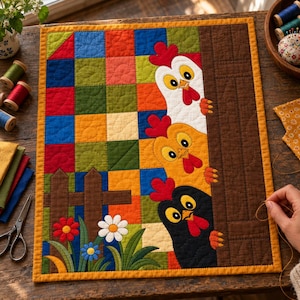Padrão de colcha "Galinhas Espiando", aplique termocolante com borda crua, padrão de colcha de animais em PDF, tapeçaria de parede em patchwork, colcha de fazenda em estilo folk. imagem 4