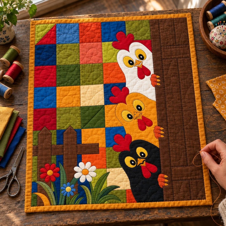 Padrão de colcha "Galinhas Espiando", aplique termocolante com borda crua, padrão de colcha de animais em PDF, tapeçaria de parede em patchwork, colcha de fazenda em estilo folk. imagem 4