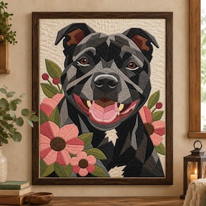 Pode incluir: Uma peça de arte de parede em tecido emoldurada apresentando um retrato geométrico de estilo acolchoado de um cão preto e cinzento com um sorriso largo e feliz. O cão está rodeado por flores cor-de-rosa estilizadas e folhas verdes num fundo creme.