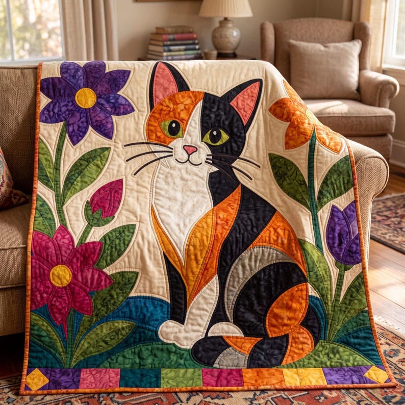 Calico Cat Quilt Pattern, Applique & Collage Quilt, Animal Quilt Pattern PDF, Patchwork Wall Hanging, Folk Art Quilt Template image 8