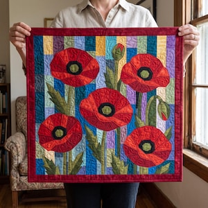 Klaprozenquiltpatroon, applicatie met rafelige rand en strijkapplicatie, bloemenquiltpatroon (PDF), patchwork wandkleed, sjabloon voor een quilt in volkskunststijl afbeelding 14