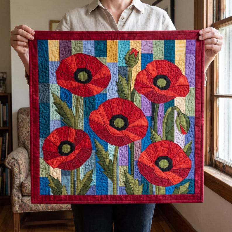 Klaprozenquiltpatroon, applicatie met rafelige rand en strijkapplicatie, bloemenquiltpatroon (PDF), patchwork wandkleed, sjabloon voor een quilt in volkskunststijl afbeelding 14