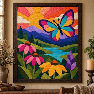 May include: A framed fabric wall hanging featuring a quilted landscape scene. The design includes a large, colorful butterfly, a bright yellow sun, purple mountains, green hills, a blue river, and various flowers in pink, yellow, and purple.