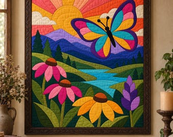 Patrón de colcha de mariposas, colcha de paisaje de montaña en PDF, colcha de apliques y collage, tapiz de patchwork, plantilla de flores silvestres de arte popular