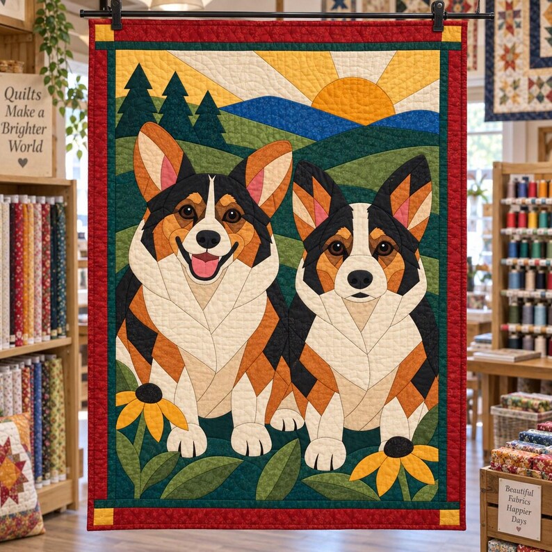 Corgi Pair Quilt Pattern, Applique & Collage Dog Quilt, Animal Quilt Pattern PDF, Patchwork Wall Hanging, Folk Art Quilt Template image 4