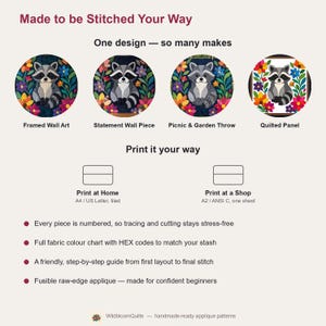 Raccoon Quilt Pattern, Raw Edge Fusible Applique, Animal Quilt Pattern PDF, Patchwork Wall Hanging, Folk Art Quilt Template image 12