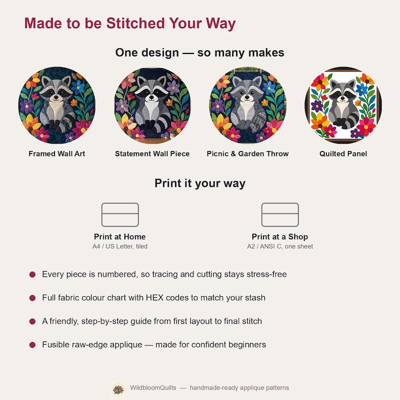 Raccoon Quilt Pattern, Raw Edge Fusible Applique, Animal Quilt Pattern PDF, Patchwork Wall Hanging, Folk Art Quilt Template image 12