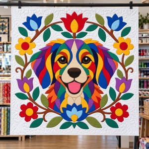 Patrón de edredón Perro Arcoíris, Edredón con apliques y collage, Patrón de edredón de animales en PDF, Tapiz de pared de patchwork, Plantilla de perro de arte popular imagen 7