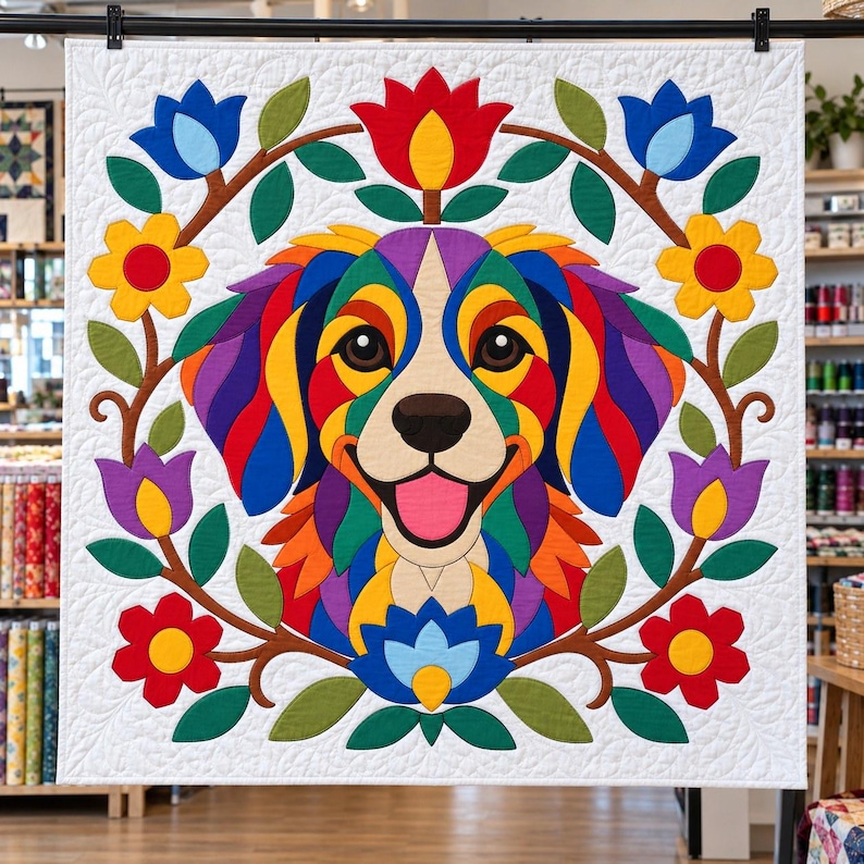 Patrón de edredón Perro Arcoíris, Edredón con apliques y collage, Patrón de edredón de animales en PDF, Tapiz de pared de patchwork, Plantilla de perro de arte popular imagen 7