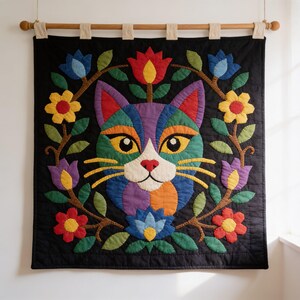 Cat Quilt Pattern, Floral Cat Wall Hanging Quilt Pattern PDF, Easy Applique Quilt for Beginners, Cat Lover Gift, Raw Edge Fusible Applique image 11
