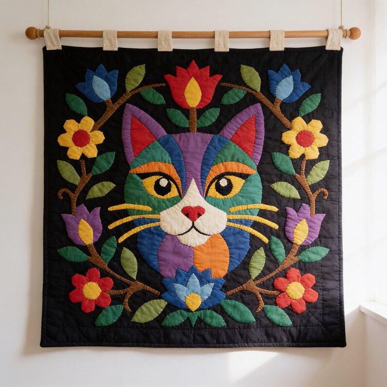 Cat Quilt Pattern, Floral Cat Wall Hanging Quilt Pattern PDF, Easy Applique Quilt for Beginners, Cat Lover Gift, Raw Edge Fusible Applique image 11