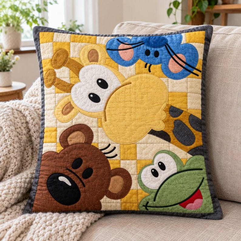 Mönster för quilt med kikande djurungar, applikations- och collagequilt i PDF-format, mönster för barnquilt med djurmotiv, väggbonad med lapptäcke för barnrum, quilt med folkkonst bild 3