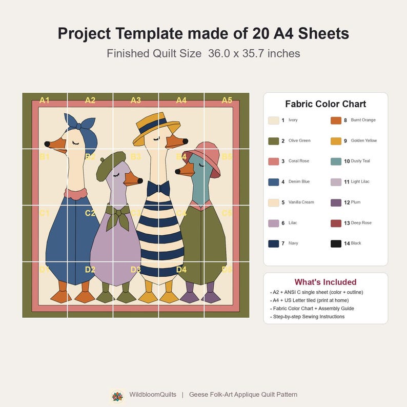 Dressed Geese Quilt Pattern, 2 Designs & 5 Sizes up to 60in, Raw Edge Fusible Applique, Animal Quilt Pattern PDF, Folk Art Geese Bed Quilt image 11