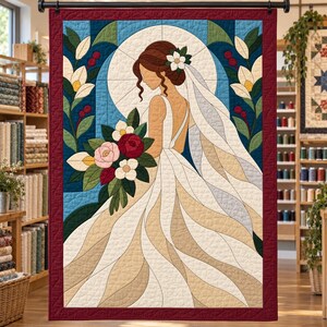 Bride Quilt Pattern, Applique & Collage Quilt, Wedding Quilt Pattern PDF, Patchwork Wall Hanging, Folk Art Quilt Template image 4