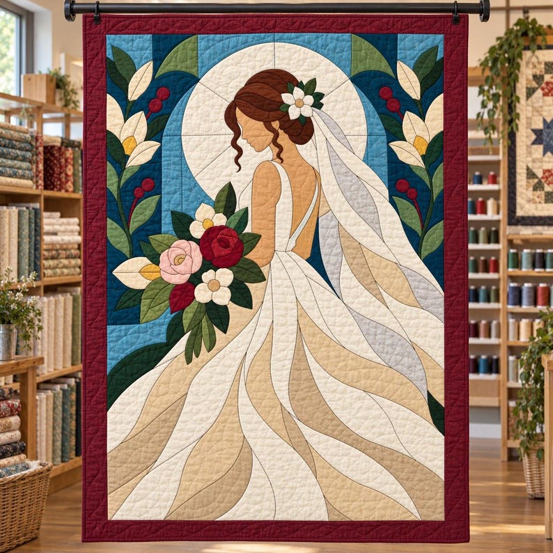 Bride Quilt Pattern, Applique & Collage Quilt, Wedding Quilt Pattern PDF, Patchwork Wall Hanging, Folk Art Quilt Template image 4