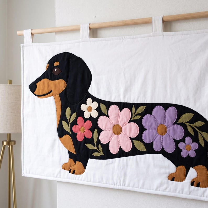 Dachshund Quilt Pattern, Dog Wall Hanging Quilt Pattern PDF, Easy Floral Applique Quilt for Beginners, Doxie Gift, Raw Edge Fusible Applique image 12