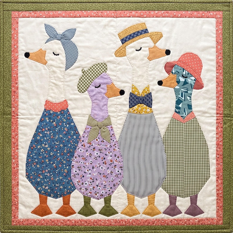 Dressed Geese Quilt Pattern, 2 Designs & 5 Sizes up to 60in, Raw Edge Fusible Applique, Animal Quilt Pattern PDF, Folk Art Geese Bed Quilt image 2