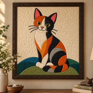 May include: A square wall art piece featuring a quilted fabric applique of a calico cat with black, orange, and white patches. The cat sits on a stylized green and blue landscape against a cream background, all enclosed in a dark brown frame.