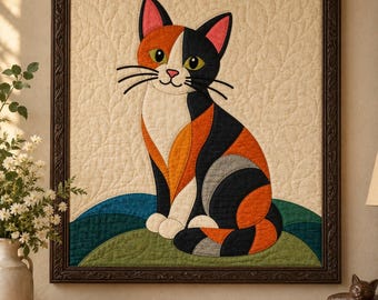 Patrón de edredón de gato calico, edredón con apliques y collage, patrón de edredón de gato en PDF, tapiz de pared de patchwork, plantilla de edredón de arte popular