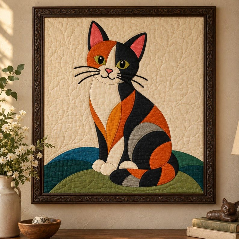 Calico Cat Quilt Pattern, Applique & Collage Quilt, Cat Quilt Pattern PDF, Patchwork Wall Hanging, Folk Art Quilt Template image 1