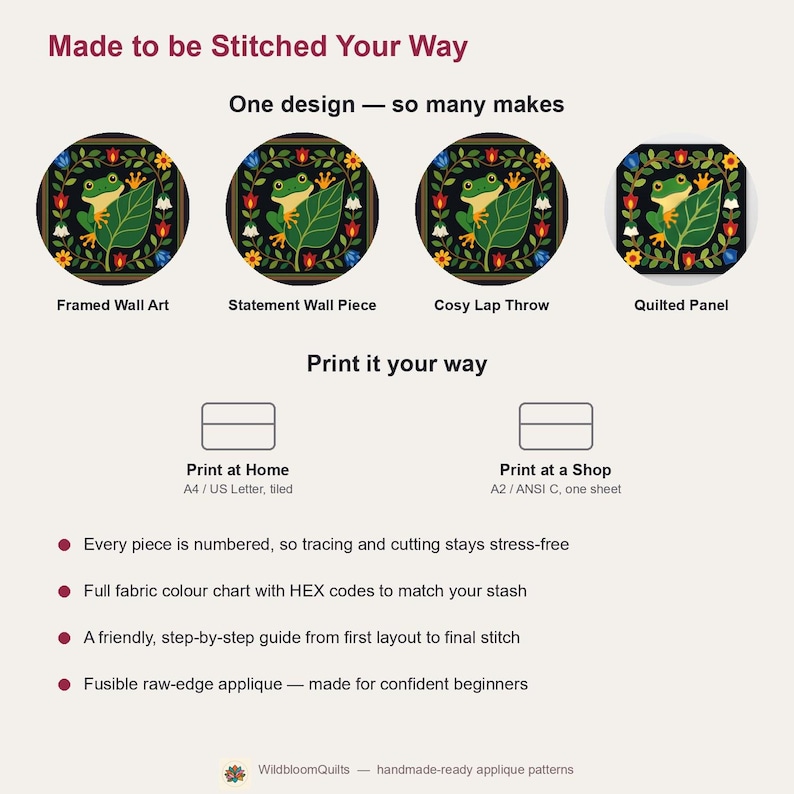 Frog Quilt Pattern, Frog Wall Hanging Quilt Pattern PDF, Easy Applique Quilt for Beginners, Raw Edge Fusible Applique image 9