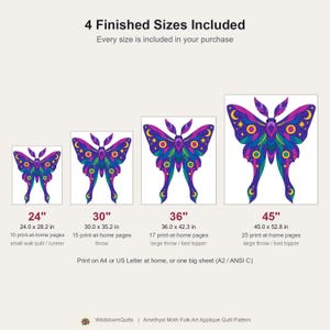 Amethyst Moth Quilt Pattern, Raw Edge Fusible Applique PDF, Celestial Moth Pattern, Patchwork Wall Hanging, Folk Art Quilt Template image 3