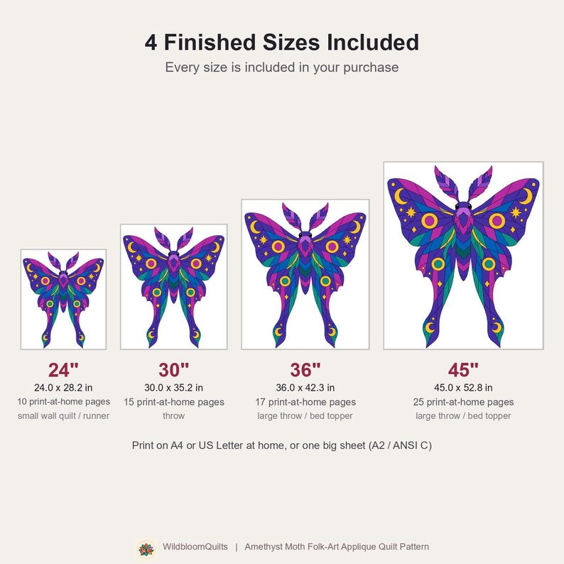 Amethyst Moth Quilt Pattern, Raw Edge Fusible Applique PDF, Celestial Moth Pattern, Patchwork Wall Hanging, Folk Art Quilt Template image 3