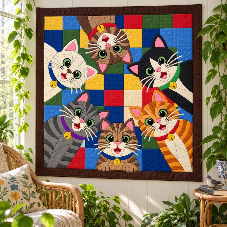 Six Cats Quilt Pattern, Applique & Collage Quilt, Cat Quilt Pattern PDF, Patchwork Wall Hanging, Folk Art Quilt Template image 6