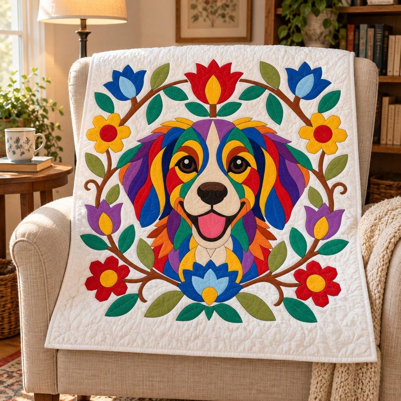 Patrón de edredón Perro Arcoíris, Edredón con apliques y collage, Patrón de edredón de animales en PDF, Tapiz de pared de patchwork, Plantilla de perro de arte popular imagen 8