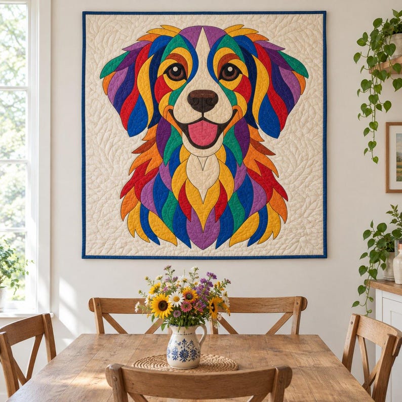 Patrón de edredón de perro Rainbow Retriever, edredón con apliques y collage, patrón de edredón de animales en PDF, tapiz de pared de patchwork, plantilla de perro de arte popular imagen 6