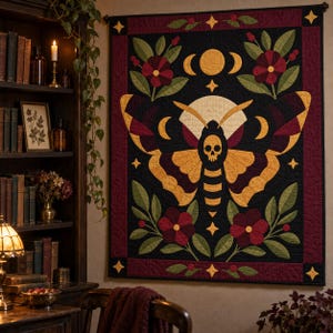 Death's Head Moth Quilt Pattern, Applique & Collage Quilt, Gothic Moth PDF Pattern, Patchwork Wall Hanging, Folk Art Quilt Template image 2
