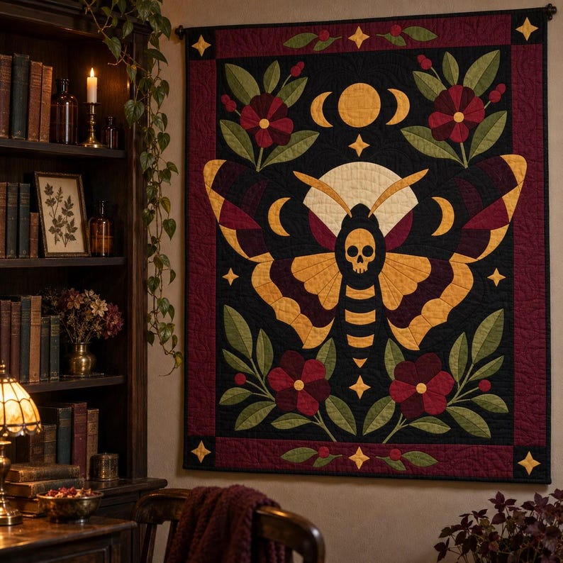 Death's Head Moth Quilt Pattern, Applique & Collage Quilt, Gothic Moth PDF Pattern, Patchwork Wall Hanging, Folk Art Quilt Template image 2