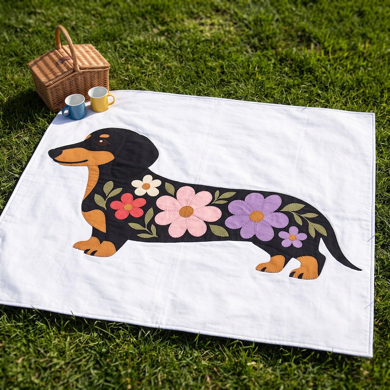 Dachshund Quilt Pattern, Dog Wall Hanging Quilt Pattern PDF, Easy Floral Applique Quilt for Beginners, Doxie Gift, Raw Edge Fusible Applique image 15