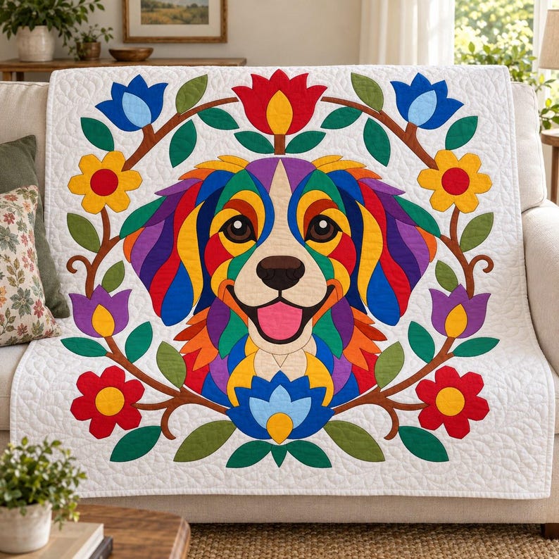 Patrón de edredón Perro Arcoíris, Edredón con apliques y collage, Patrón de edredón de animales en PDF, Tapiz de pared de patchwork, Plantilla de perro de arte popular imagen 12