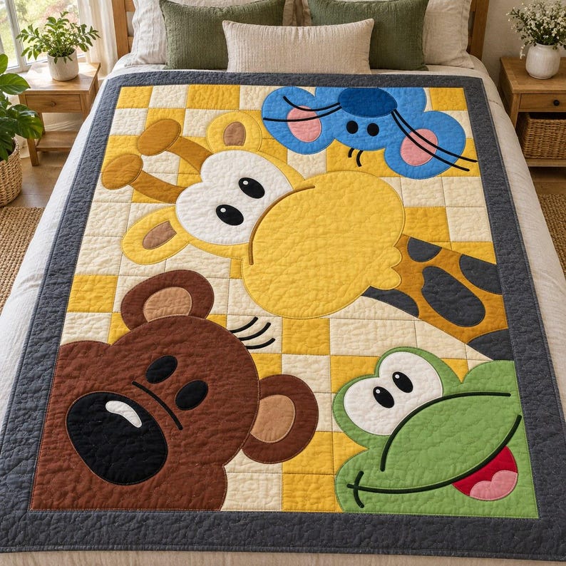 Mönster för quilt med kikande djurungar, applikations- och collagequilt i PDF-format, mönster för barnquilt med djurmotiv, väggbonad med lapptäcke för barnrum, quilt med folkkonst bild 9